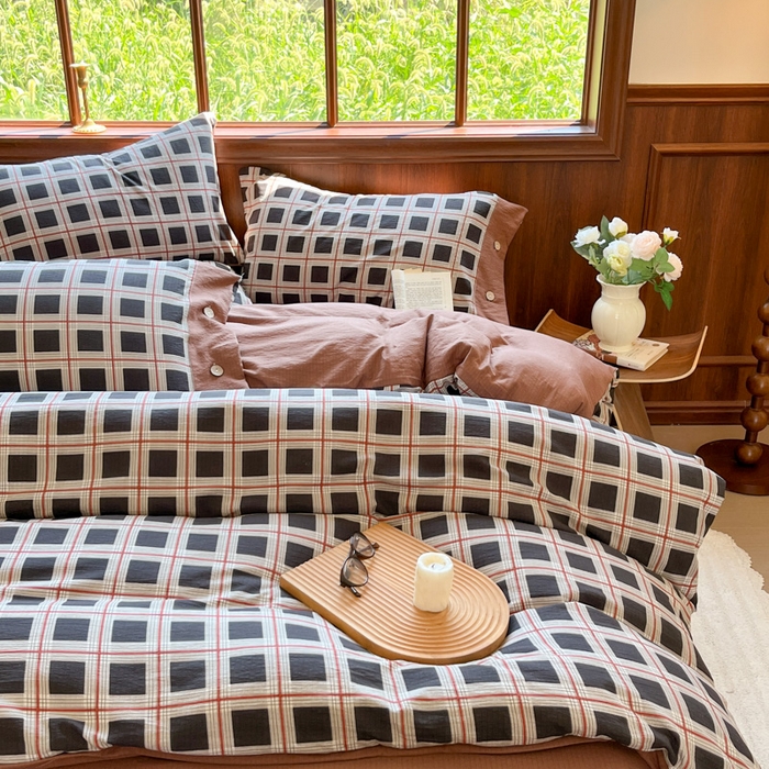 91家纺网 家纺一手货源 找家纺 爱彼家纺 2025四季款亲水洗麻亚麻皱皱纱四件套-纽扣款-提供买家秀 素简格