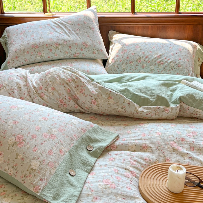 91家纺网 家纺一手货源 找家纺 爱彼家纺 2025四季款亲水洗麻亚麻皱皱纱四件套-纽扣款-提供买家秀 花似锦绿