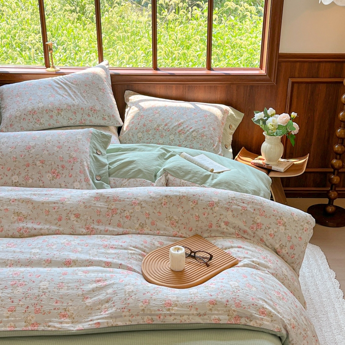 91家纺网 家纺一手货源 找家纺 爱彼家纺 2025四季款亲水洗麻亚麻皱皱纱四件套-纽扣款-提供买家秀 花似锦绿