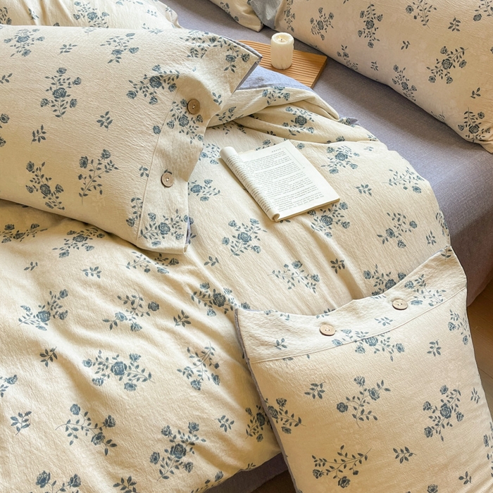 91家纺网 家纺一手货源 找家纺 爱彼家纺 2025四季款亲水洗麻亚麻皱皱纱四件套-纽扣款-提供买家秀 花语兰