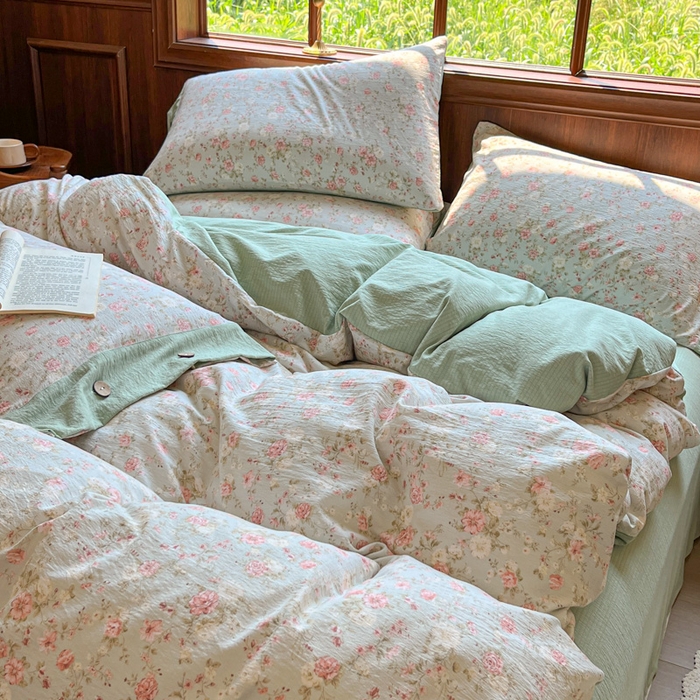 91家纺网 家纺一手货源 找家纺 爱彼家纺 2025四季款亲水洗麻亚麻皱皱纱四件套-纽扣款-提供买家秀 花似锦绿