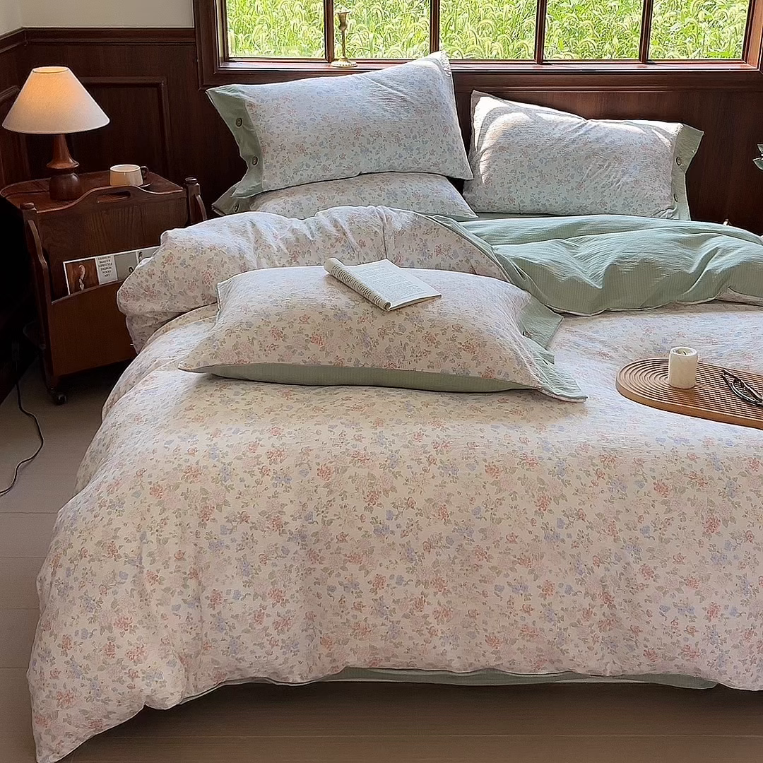 91家纺网 家纺一手货源 找家纺 爱彼家纺 2025四季款亲水洗麻亚麻皱皱纱四件套-纽扣款-提供买家秀 清茉