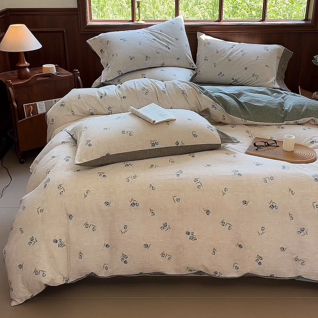 91家纺网 家纺一手货源 找家纺 （总）爱彼家纺 2025四季款亲水洗麻亚麻皱皱纱四件套-纽扣款-提供买家秀