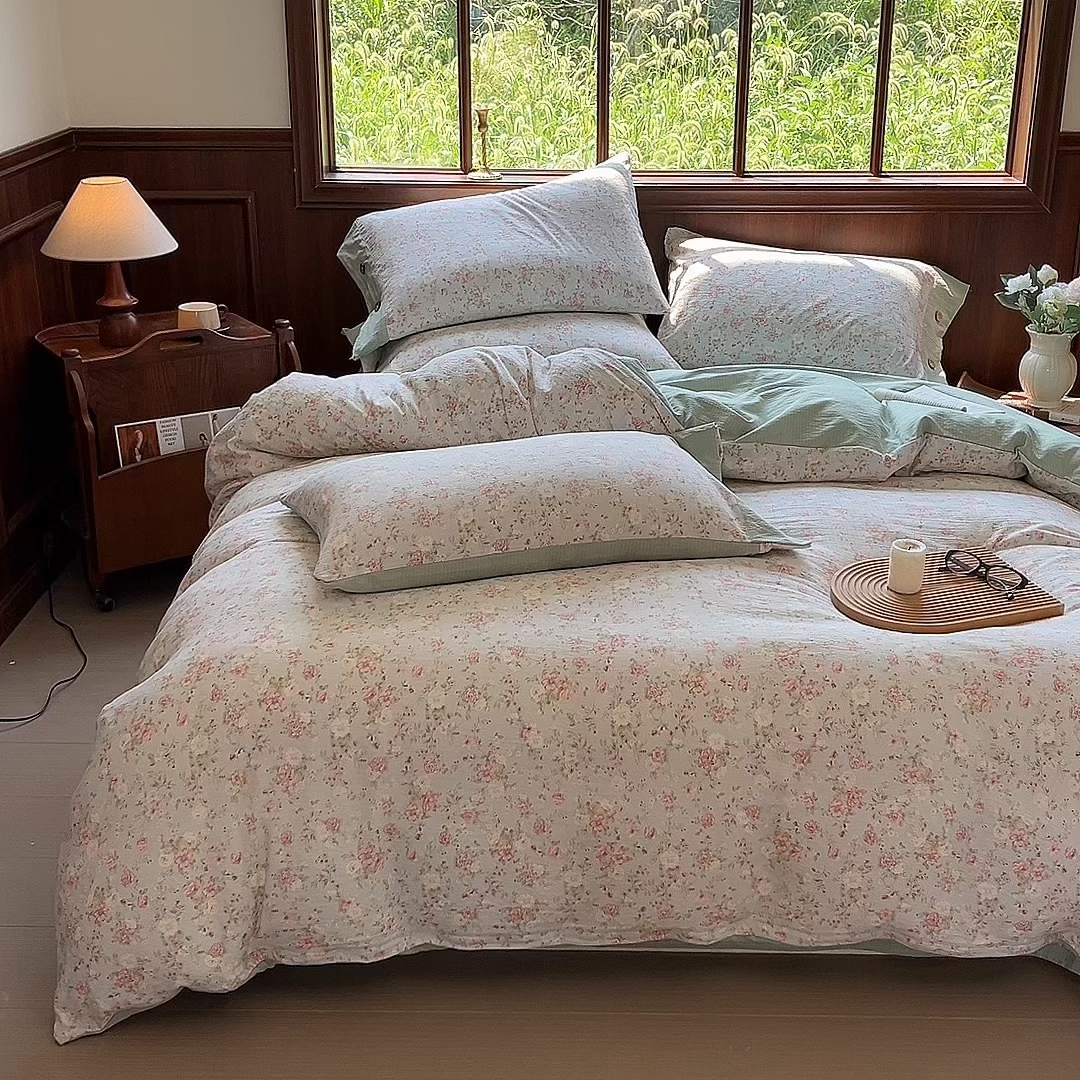 91家纺网 家纺一手货源 找家纺 爱彼家纺 2025四季款亲水洗麻亚麻皱皱纱四件套-纽扣款-提供买家秀 花似锦绿