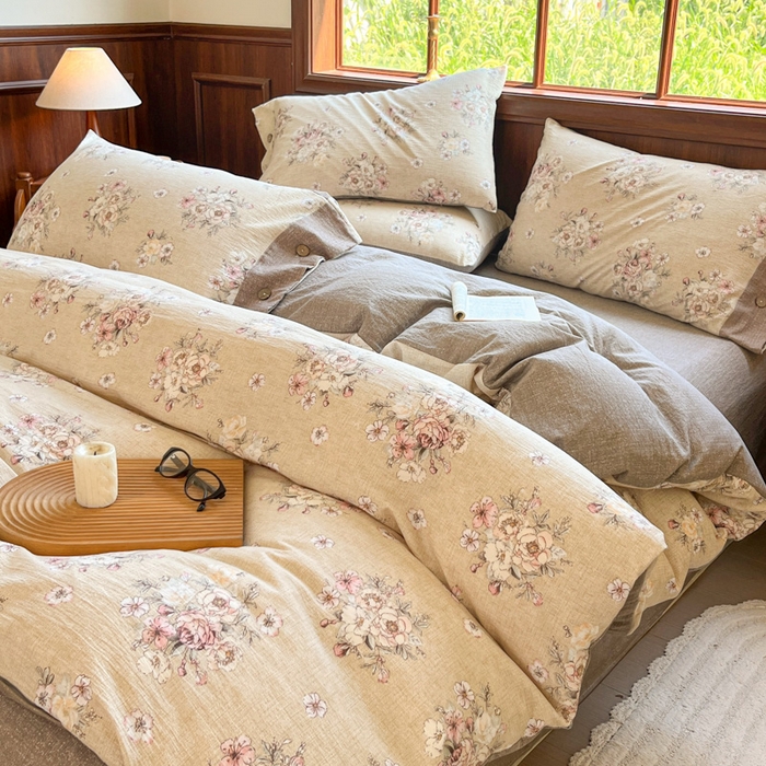 91家纺网 家纺一手货源 找家纺 爱彼家纺 2025四季款亲水洗麻亚麻皱皱纱四件套-纽扣款-提供买家秀 镜花水月