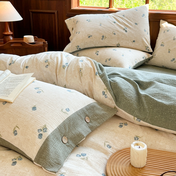 91家纺网 家纺一手货源 找家纺 爱彼家纺 2025四季款亲水洗麻亚麻皱皱纱四件套-纽扣款-提供买家秀 暗香浮动