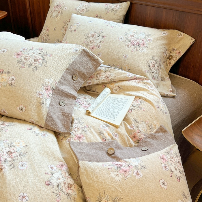 91家纺网 家纺一手货源 找家纺 爱彼家纺 2025四季款亲水洗麻亚麻皱皱纱四件套-纽扣款-提供买家秀 镜花水月