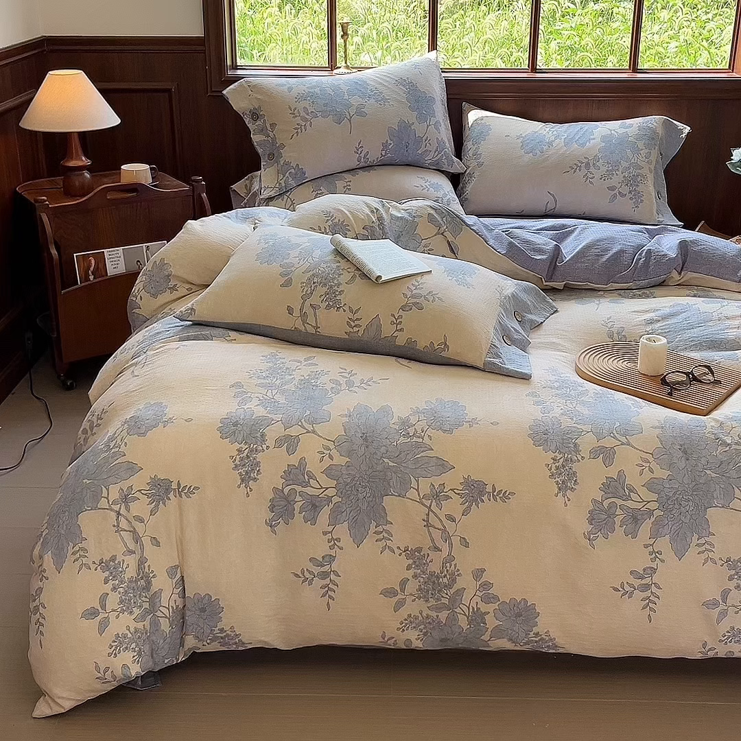 91家纺网 家纺一手货源 找家纺 爱彼家纺 2025四季款亲水洗麻亚麻皱皱纱四件套-纽扣款-提供买家秀 兰亭序