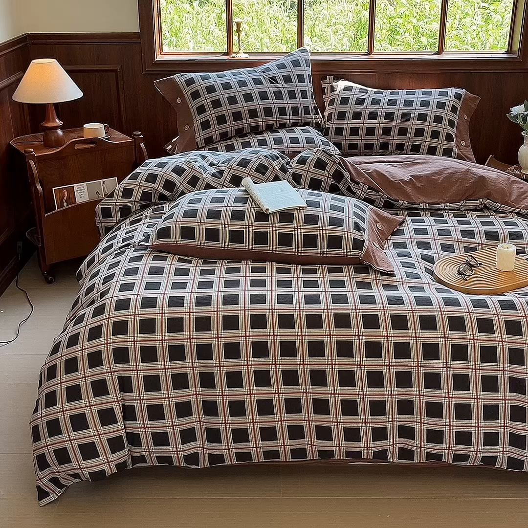 91家纺网 家纺一手货源 找家纺 爱彼家纺 2025四季款亲水洗麻亚麻皱皱纱四件套-纽扣款-提供买家秀 素简格