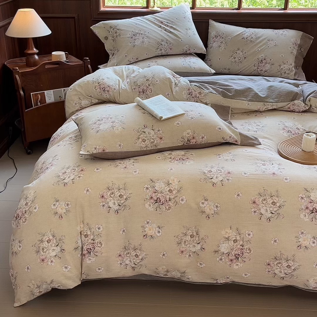 91家纺网 家纺一手货源 找家纺 爱彼家纺 2025四季款亲水洗麻亚麻皱皱纱四件套-纽扣款-提供买家秀 镜花水月