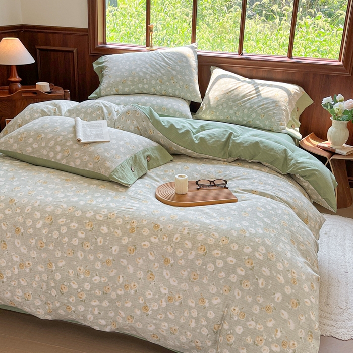 91家纺网 家纺一手货源 找家纺 爱彼家纺 2025四季款亲水洗麻亚麻皱皱纱四件套-纽扣款-提供买家秀 黄花似锦