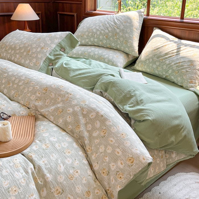 91家纺网 家纺一手货源 找家纺 爱彼家纺 2025四季款亲水洗麻亚麻皱皱纱四件套-纽扣款-提供买家秀 黄花似锦