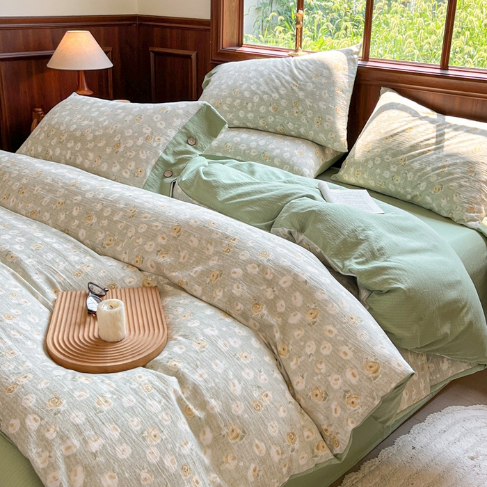 91家纺网 家纺一手货源 找家纺 爱彼家纺 2025四季款亲水洗麻亚麻皱皱纱四件套-纽扣款-提供买家秀 黄花似锦