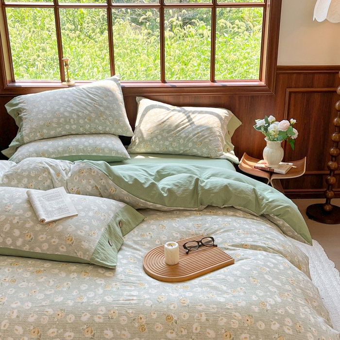 91家纺网 家纺一手货源 找家纺 爱彼家纺 2025四季款亲水洗麻亚麻皱皱纱四件套-纽扣款-提供买家秀 黄花似锦