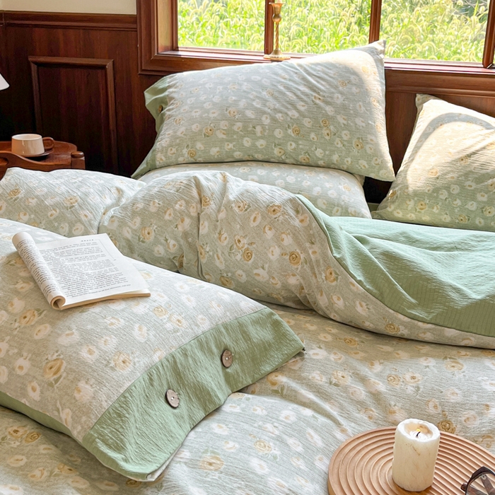 91家纺网 家纺一手货源 找家纺 爱彼家纺 2025四季款亲水洗麻亚麻皱皱纱四件套-纽扣款-提供买家秀 黄花似锦