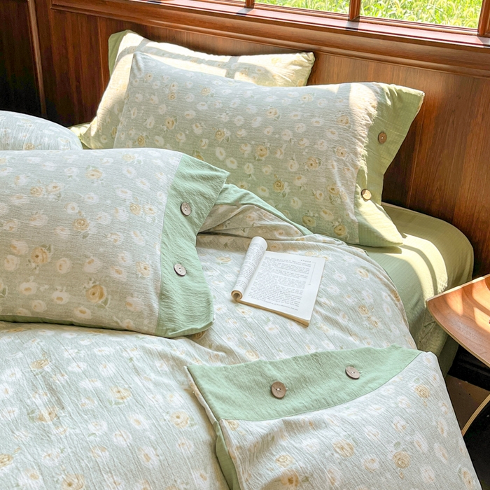 91家纺网 家纺一手货源 找家纺 爱彼家纺 2025四季款亲水洗麻亚麻皱皱纱四件套-纽扣款-提供买家秀 黄花似锦