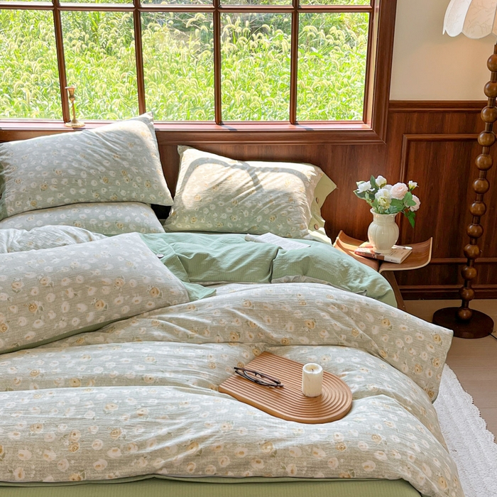 91家纺网 家纺一手货源 找家纺 爱彼家纺 2025四季款亲水洗麻亚麻皱皱纱四件套-纽扣款-提供买家秀 黄花似锦