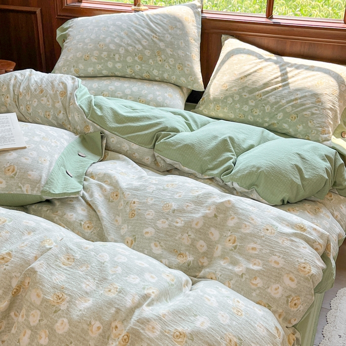 91家纺网 家纺一手货源 找家纺 爱彼家纺 2025四季款亲水洗麻亚麻皱皱纱四件套-纽扣款-提供买家秀 黄花似锦