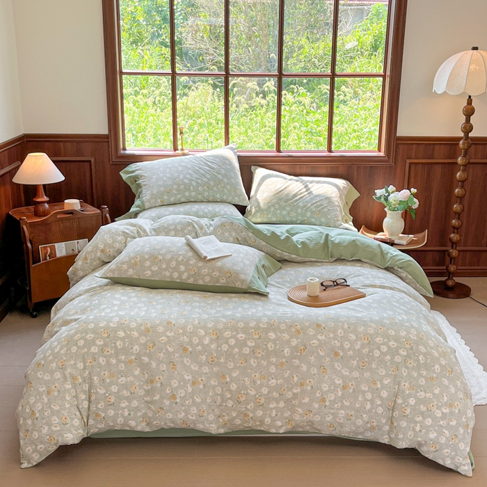 91家纺网 家纺一手货源 找家纺 爱彼家纺 2025四季款亲水洗麻亚麻皱皱纱四件套-纽扣款-提供买家秀 黄花似锦