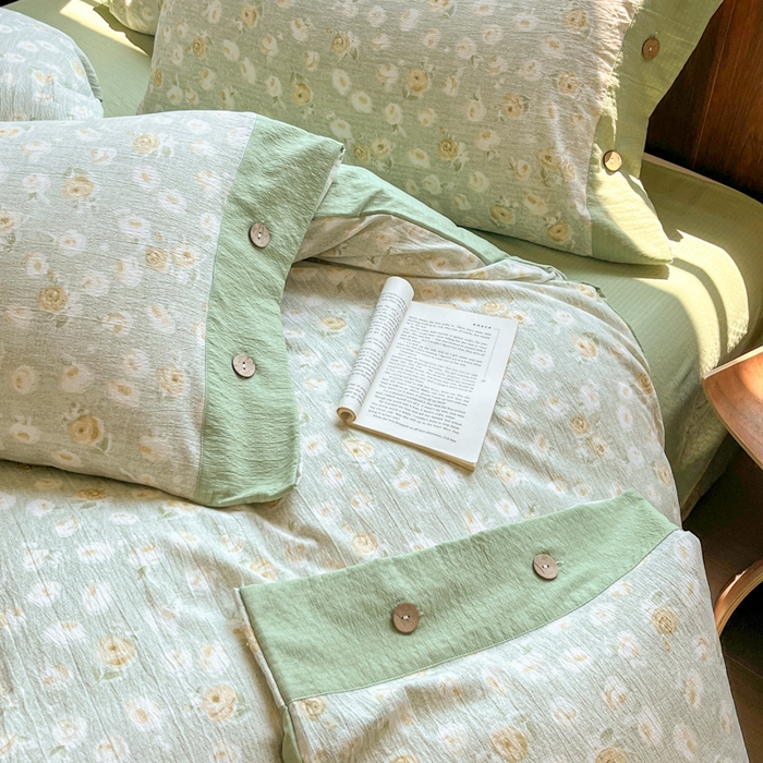 91家纺网 家纺一手货源 找家纺 爱彼家纺 2025四季款亲水洗麻亚麻皱皱纱四件套-纽扣款-提供买家秀 黄花似锦