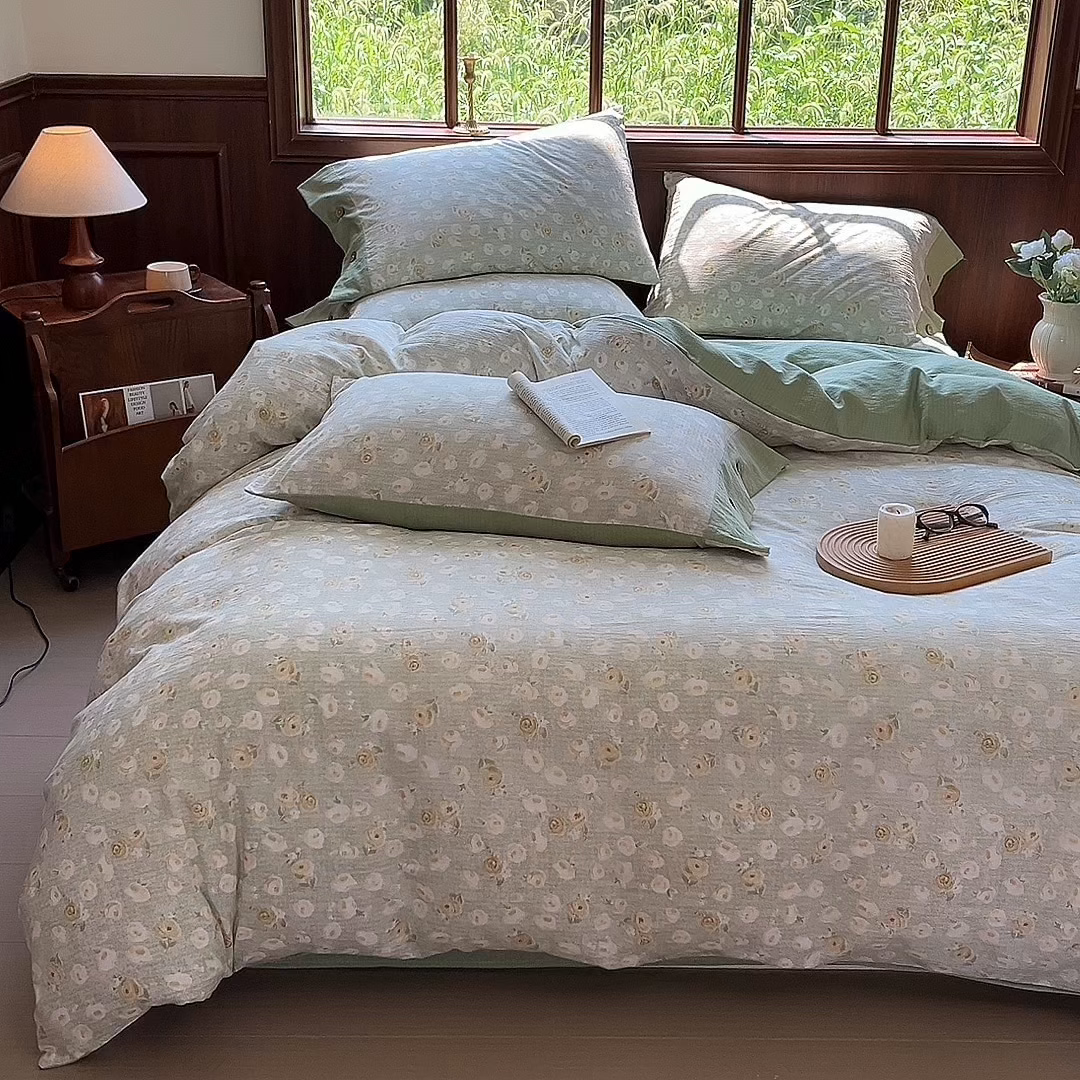 91家纺网 家纺一手货源 找家纺 爱彼家纺 2025四季款亲水洗麻亚麻皱皱纱四件套-纽扣款-提供买家秀 黄花似锦