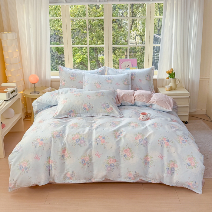 91家纺网 家纺一手货源 找家纺 禧安居 2025新款高支高密活性印染全棉印花四件套全棉四件套三件套被套（支持定制尺寸）静听花语