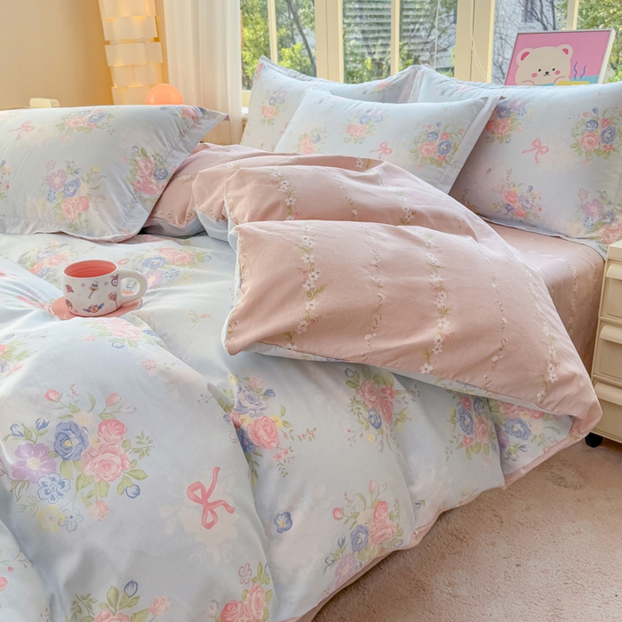 91家纺网 家纺一手货源 找家纺 禧安居 2025新款高支高密活性印染全棉印花四件套全棉四件套三件套被套（支持定制尺寸）静听花语