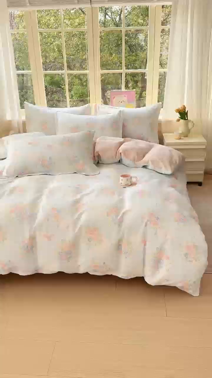 91家纺网 家纺一手货源 找家纺 禧安居 2025新款高支高密活性印染全棉印花四件套全棉四件套三件套被套（支持定制尺寸）静听花语