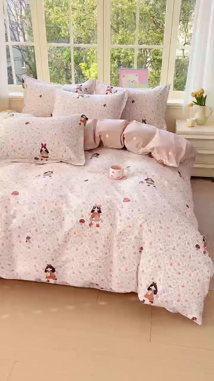 91家纺网 家纺一手货源 找家纺 禧安居 2025新款高支高密活性印染全棉印花四件套全棉四件套三件套被套（支持定制尺寸）原宿女孩