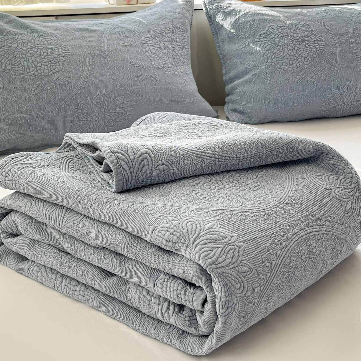 91家纺网 家纺一手货源 找家纺 源舜家纺 2026新款全棉大提花砂洗床盖三件套—花开富贵大圆满系列 圆满-蓝