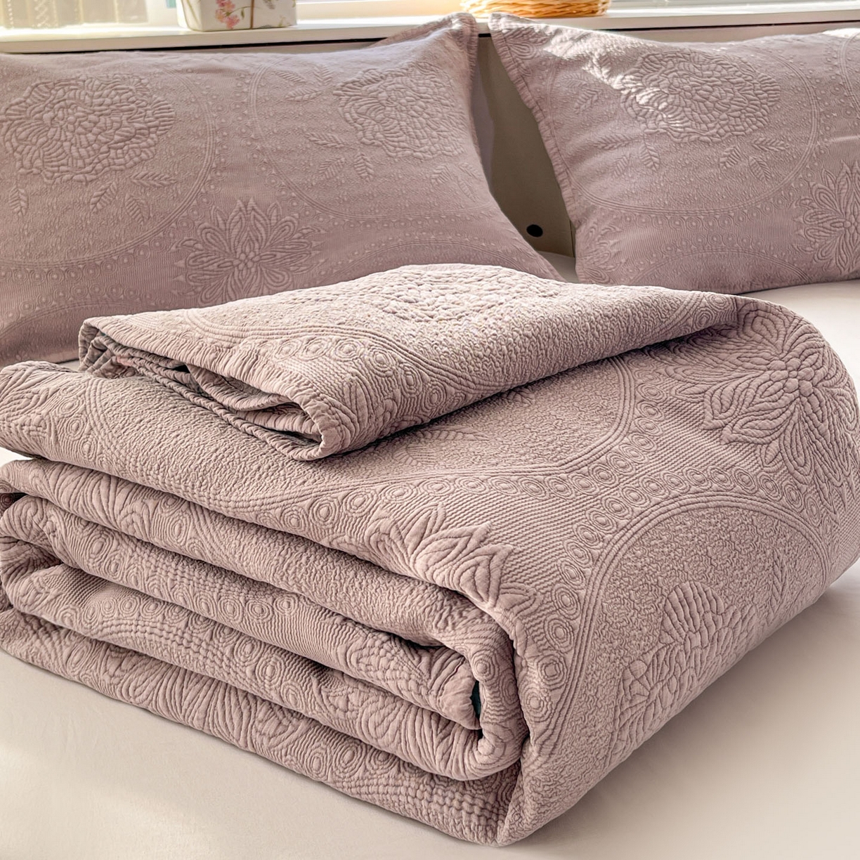 91家纺网 家纺一手货源 找家纺 源舜家纺 2026新款全棉大提花砂洗床盖三件套—花开富贵大圆满系列 圆满-紫