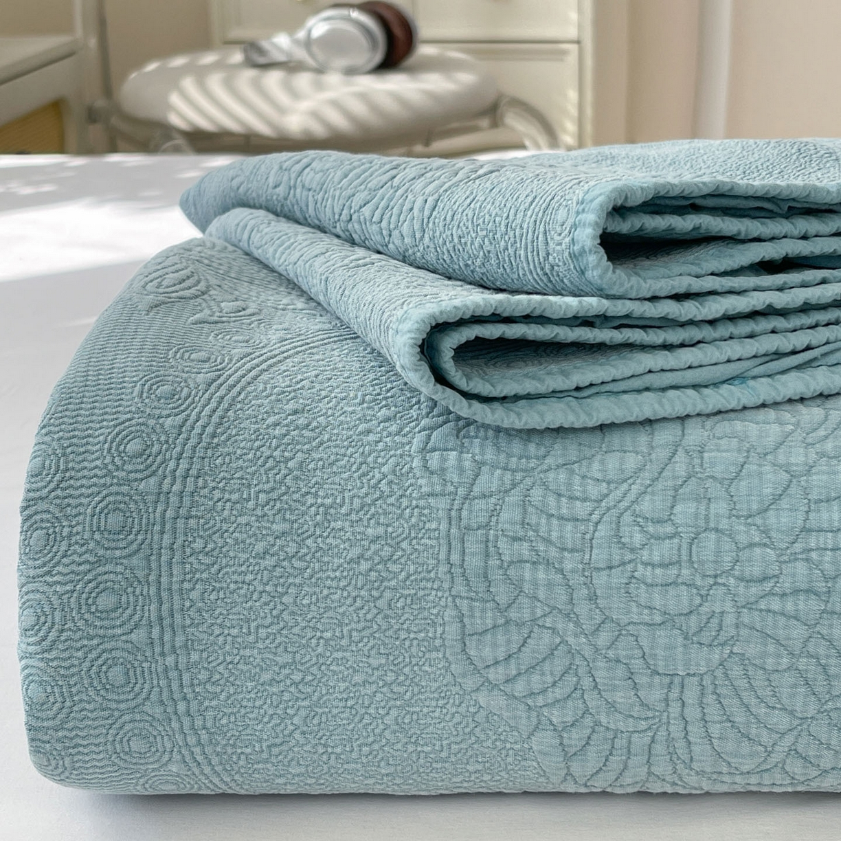 源舜家纺 2026新款全棉大提花砂洗床盖三件套—花开富贵大圆满系列 圆满-绿