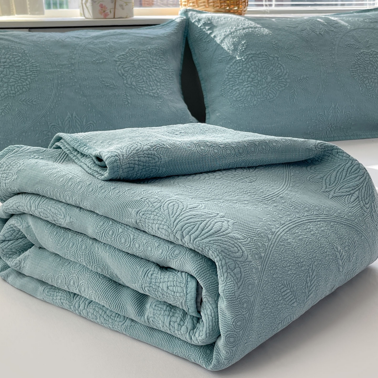 91家纺网 家纺一手货源 找家纺 源舜家纺 2026新款全棉大提花砂洗床盖三件套—花开富贵大圆满系列 圆满-绿