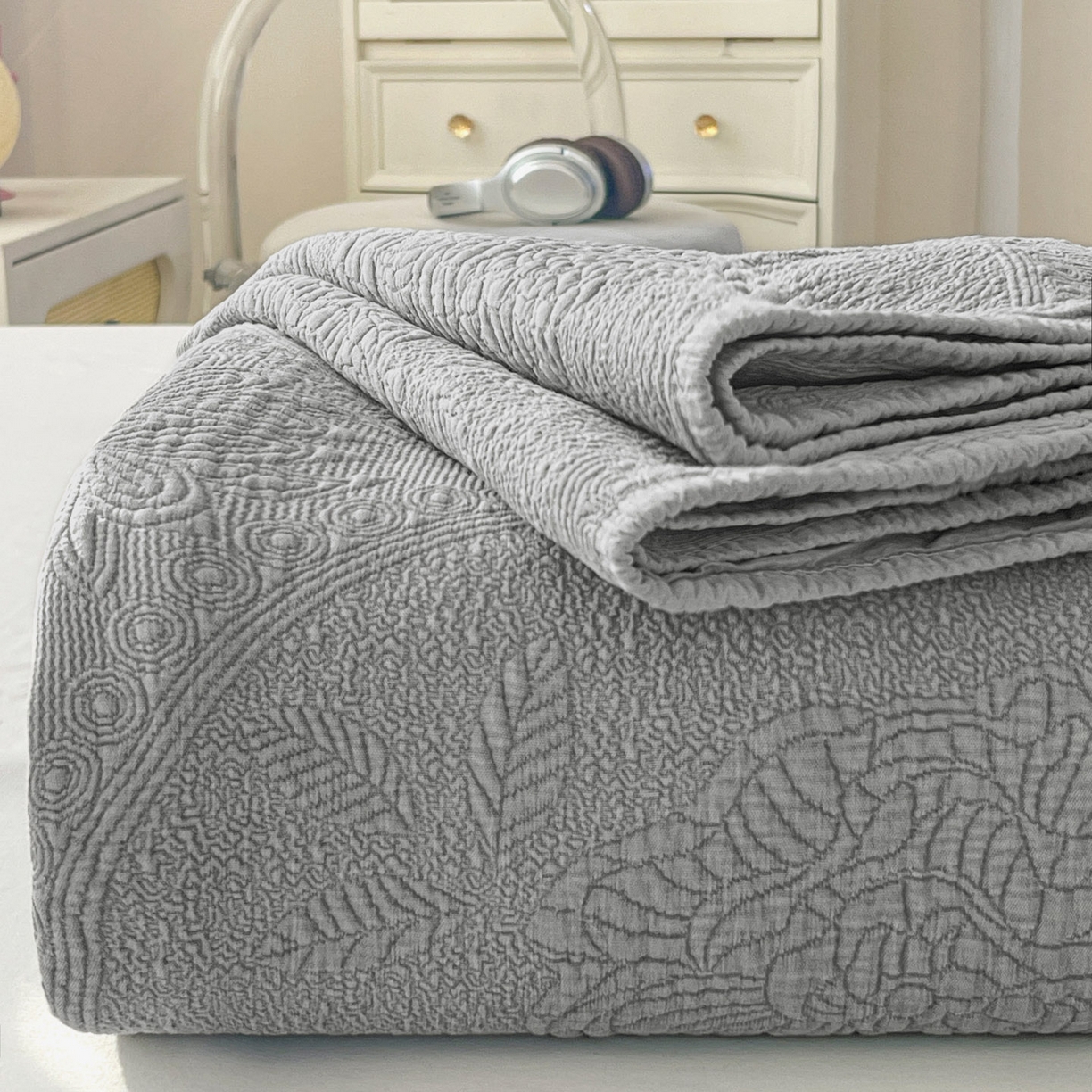 源舜家纺 2026新款全棉大提花砂洗床盖三件套—花开富贵大圆满系列 圆满-灰