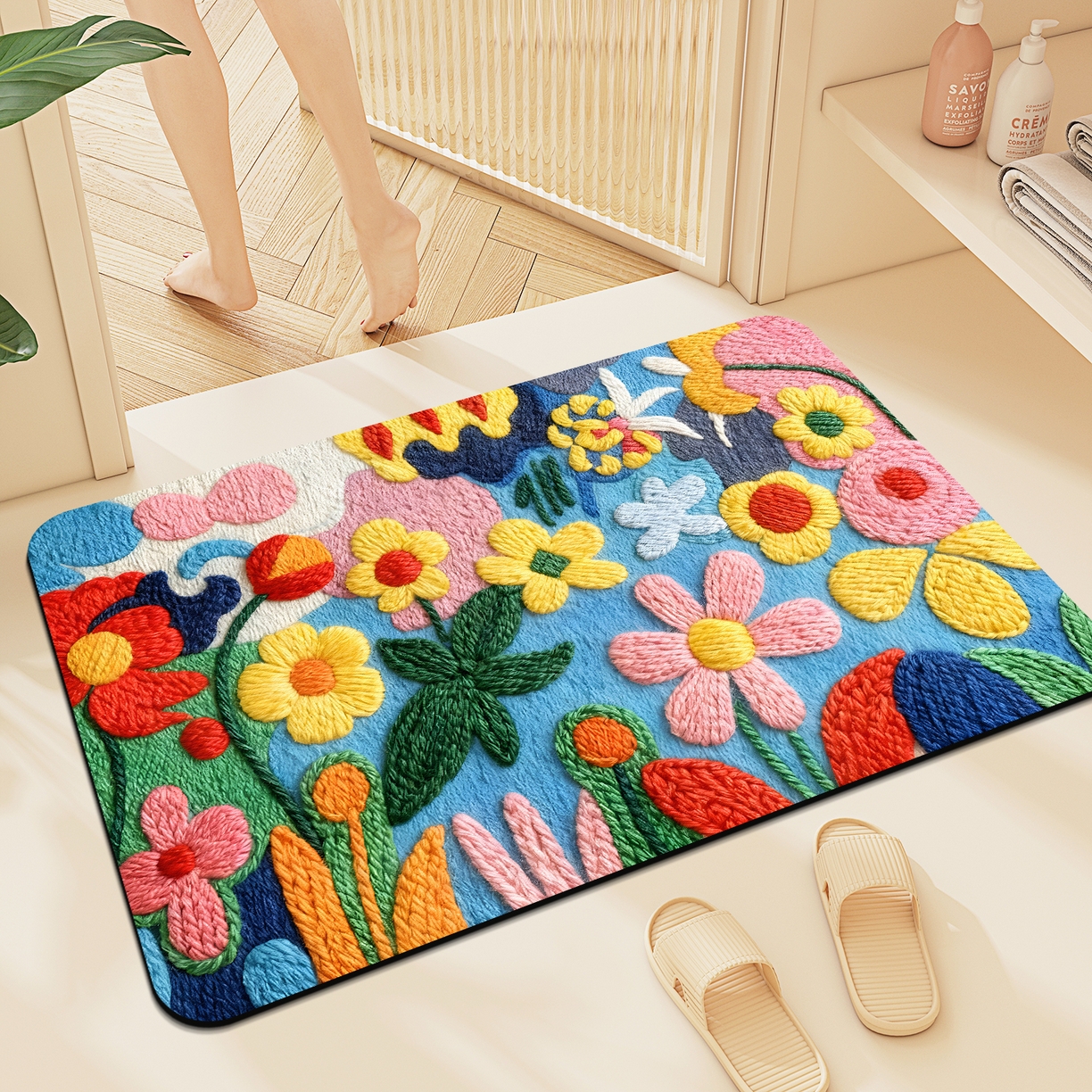 91家纺网 家纺一手货源 找家纺 （总）卡初家居（原微来） 2025新款吸水吸油防滑硅藻泥地垫垫子-花卉系列