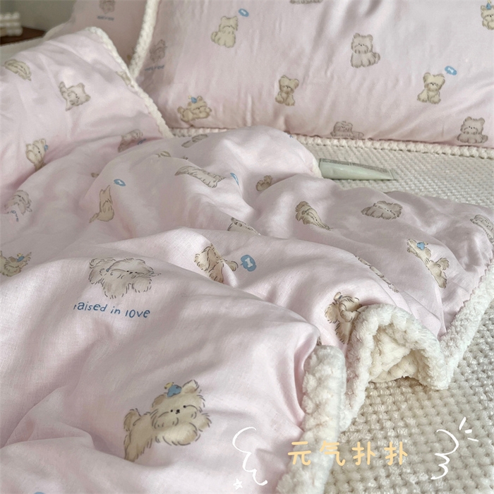荣轩 2025秋冬必备新品棉加绒华夫格提花绒工艺款四件套（铺床版）元气扑扑