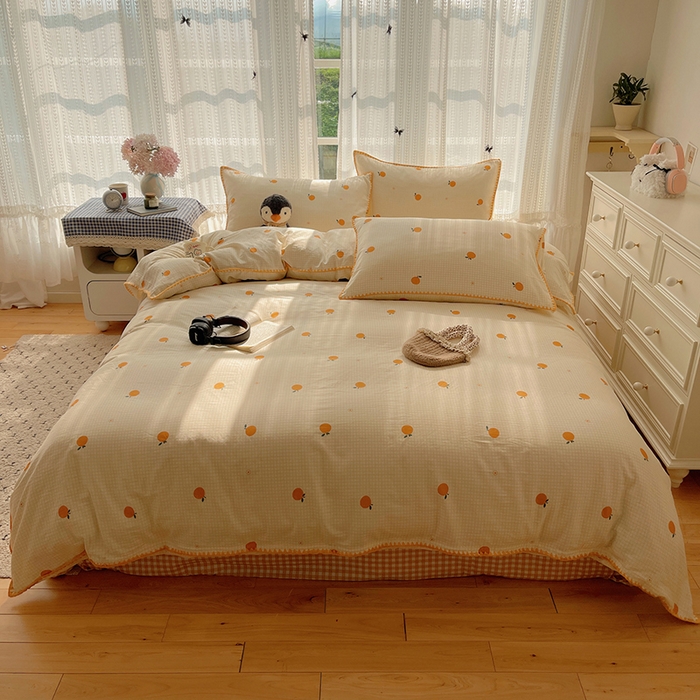 91家纺网 家纺一手货源 找家纺 瑞莱 2026新款全棉印花贝壳边四件套 甜桔