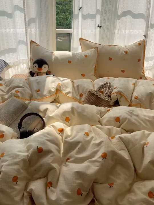 91家纺网 家纺一手货源 找家纺 瑞莱 2026新款全棉印花贝壳边四件套 甜桔