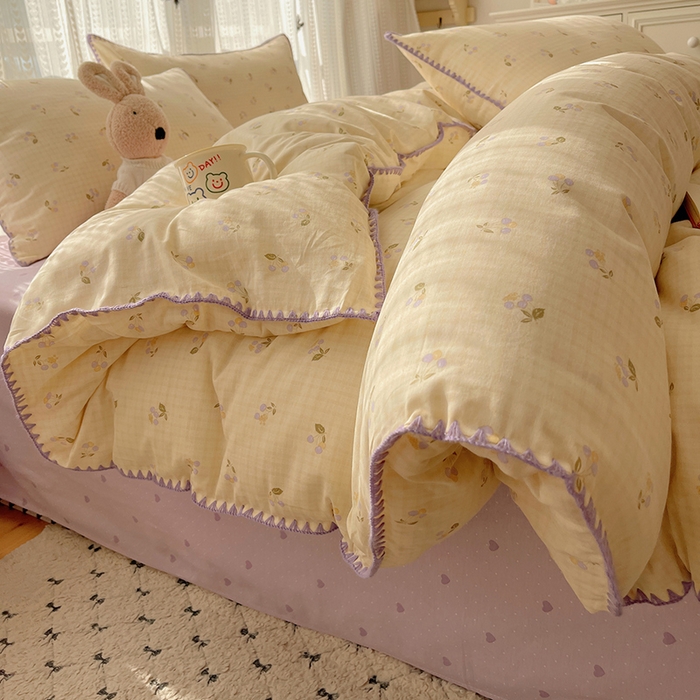 91家纺网 家纺一手货源 找家纺 瑞莱 2026新款全棉印花贝壳边四件套 樱桃甜趣-黄