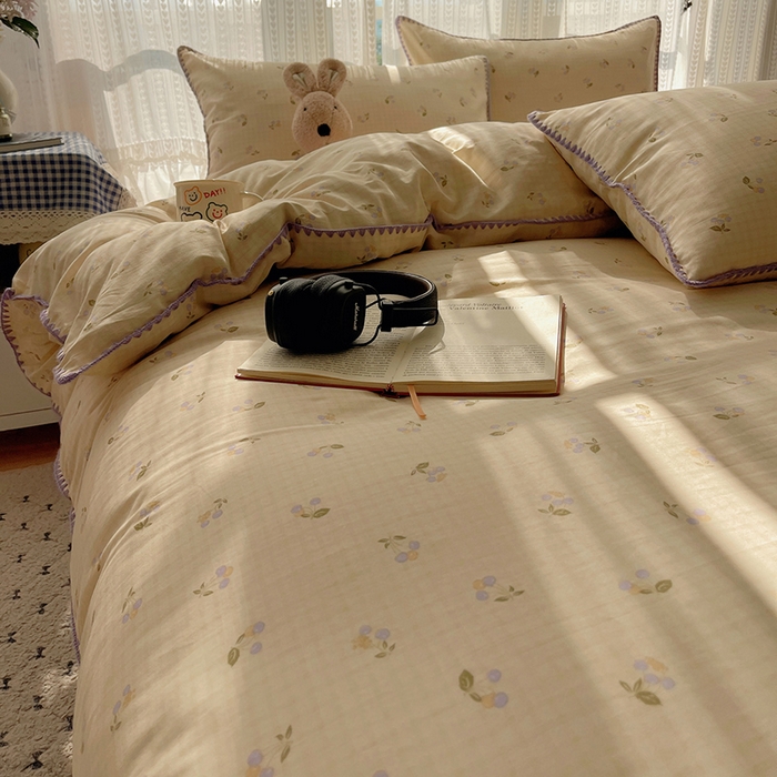 91家纺网 家纺一手货源 找家纺 瑞莱 2026新款全棉印花贝壳边四件套 樱桃甜趣-黄
