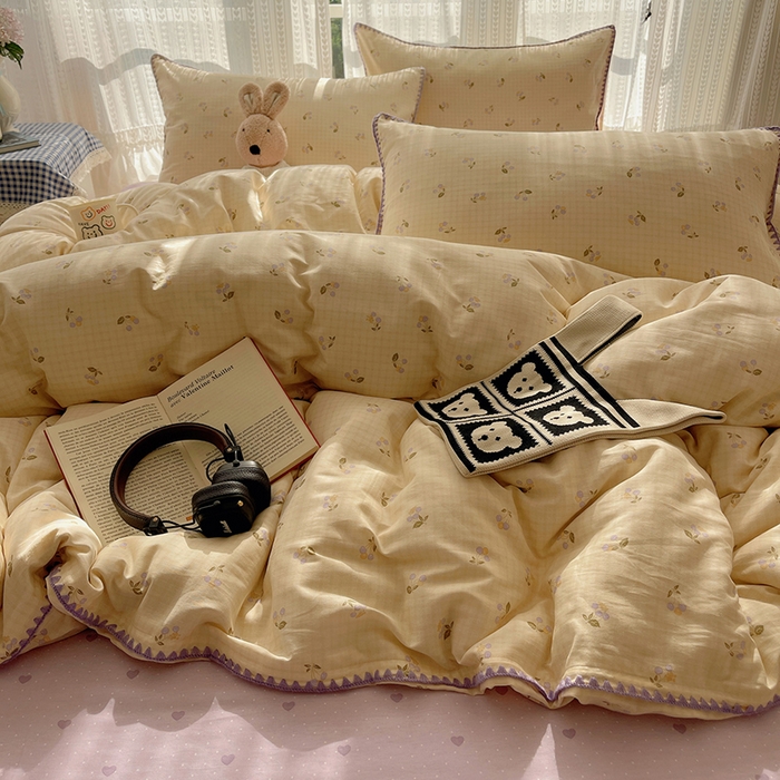 91家纺网 家纺一手货源 找家纺 瑞莱 2026新款全棉印花贝壳边四件套 樱桃甜趣-黄