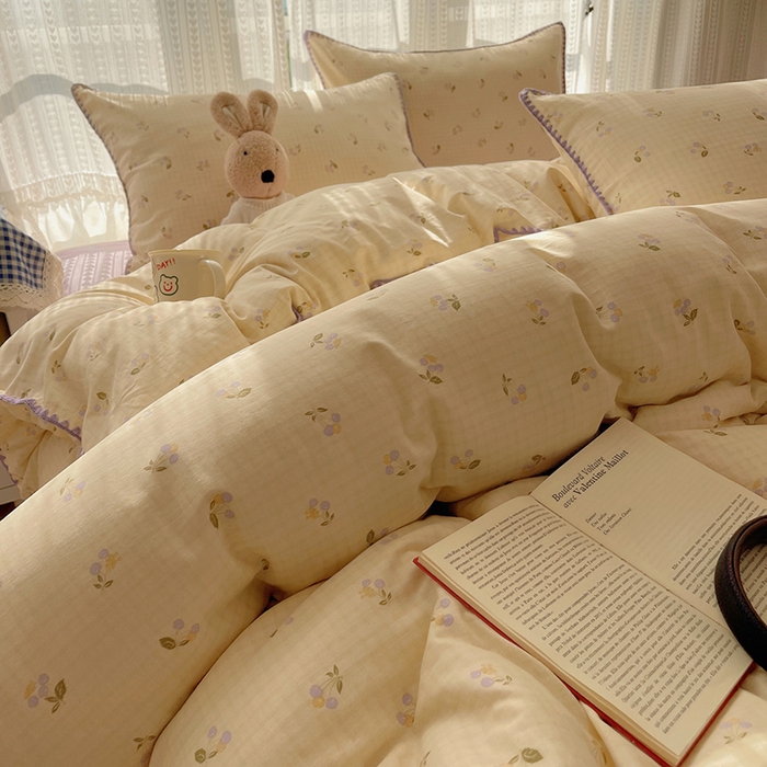 91家纺网 家纺一手货源 找家纺 瑞莱 2026新款全棉印花贝壳边四件套 樱桃甜趣-黄