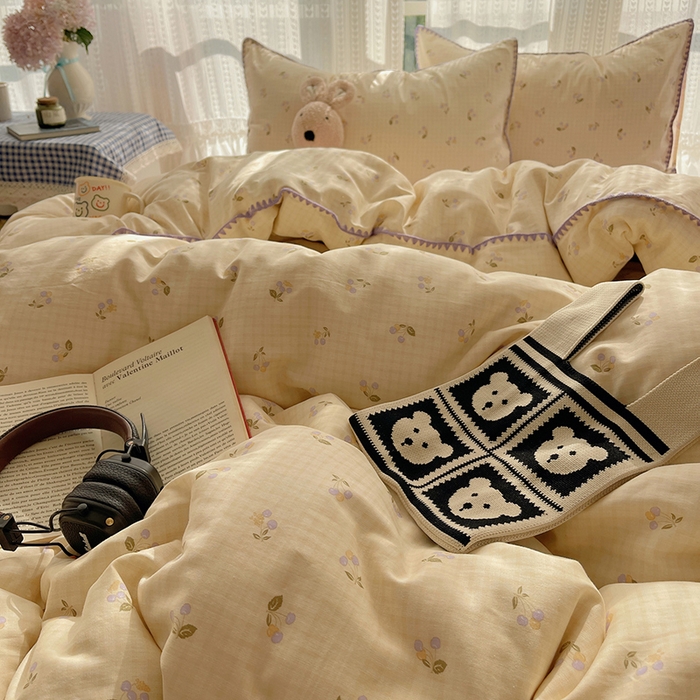 91家纺网 家纺一手货源 找家纺 瑞莱 2026新款全棉印花贝壳边四件套 樱桃甜趣-黄