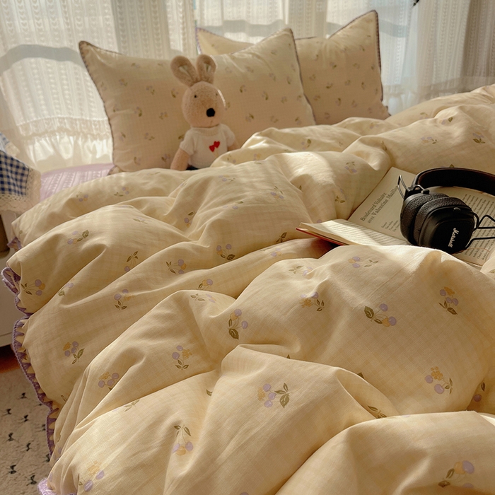 91家纺网 家纺一手货源 找家纺 瑞莱 2026新款全棉印花贝壳边四件套 樱桃甜趣-黄