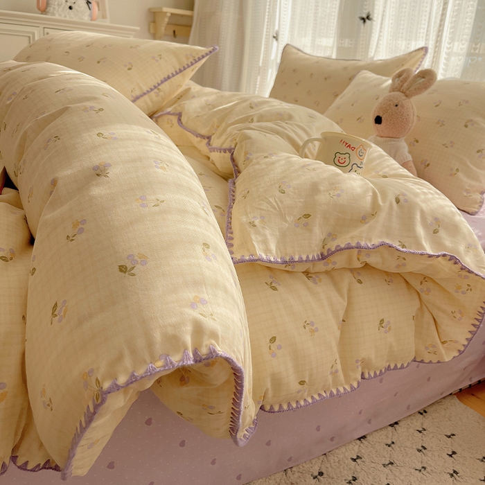 瑞莱 2026新款全棉印花贝壳边四件套 樱桃甜趣-黄