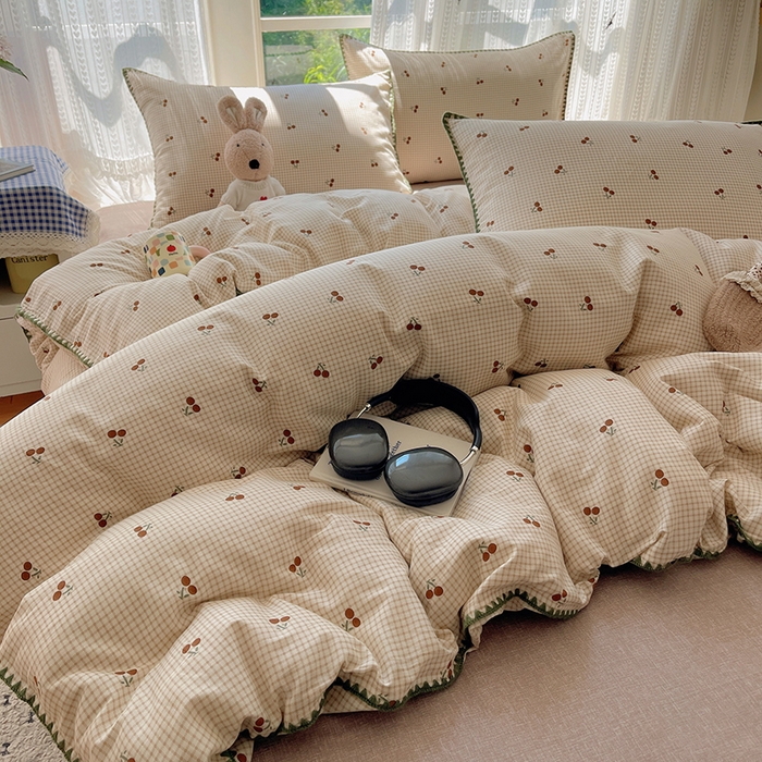 91家纺网 家纺一手货源 找家纺 瑞莱 2026新款全棉印花贝壳边四件套 樱姿-米