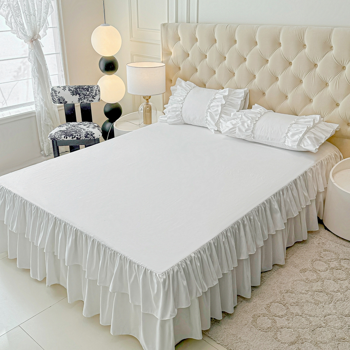 91家纺网 家纺一手货源 找家纺 乐卧家居 2026新款韩系公主风柔软多层荷叶边床裙单品系列 白