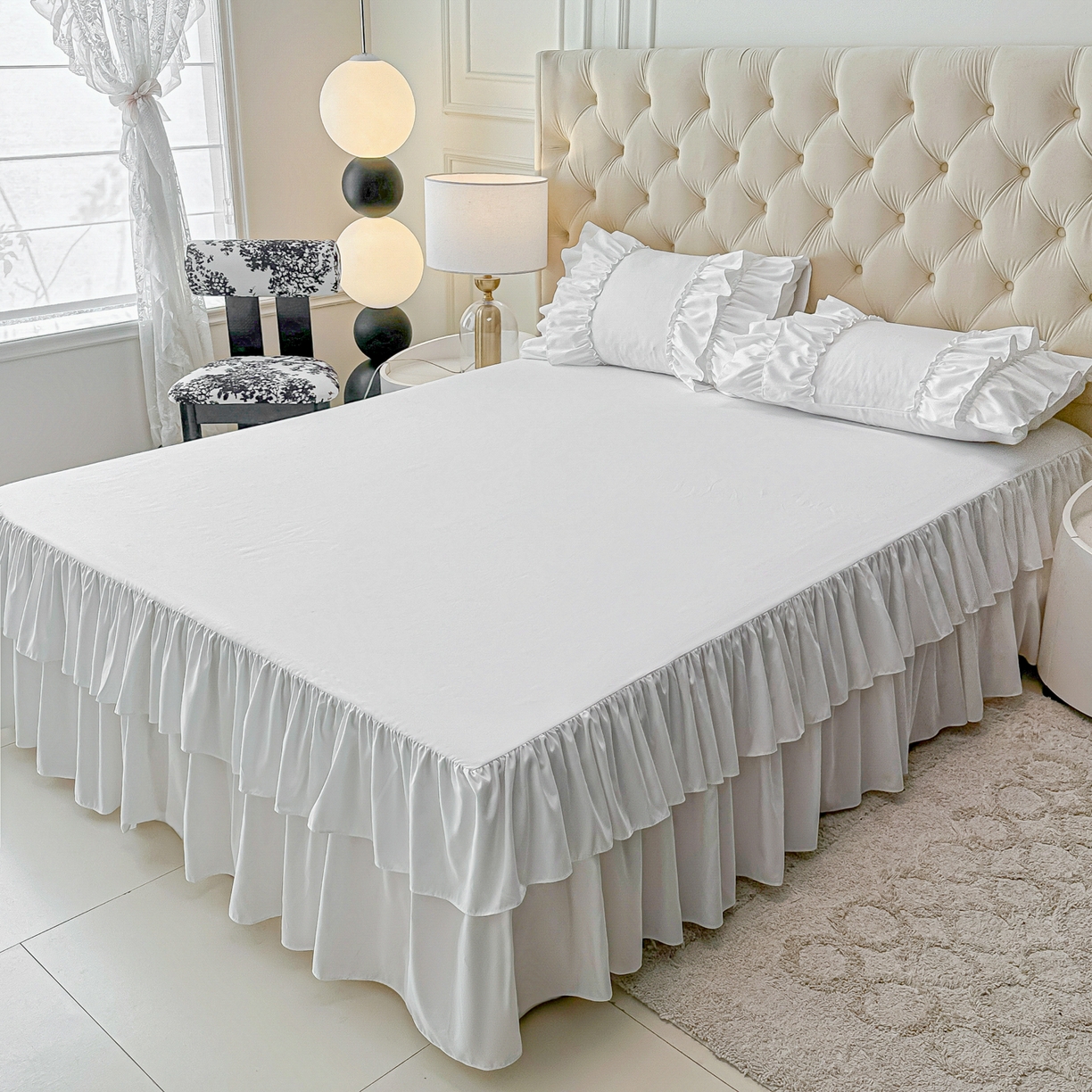 91家纺网 家纺一手货源 找家纺 乐卧家居 2026新款韩系公主风柔软多层荷叶边床裙单品系列 白