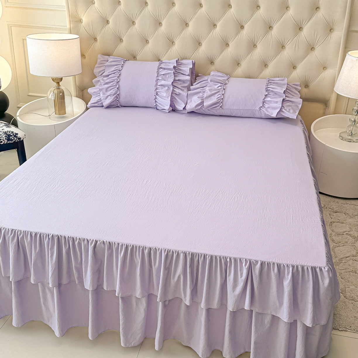 91家纺网 家纺一手货源 找家纺 乐卧家居 2026新款韩系公主风柔软多层荷叶边床裙单品系列 紫