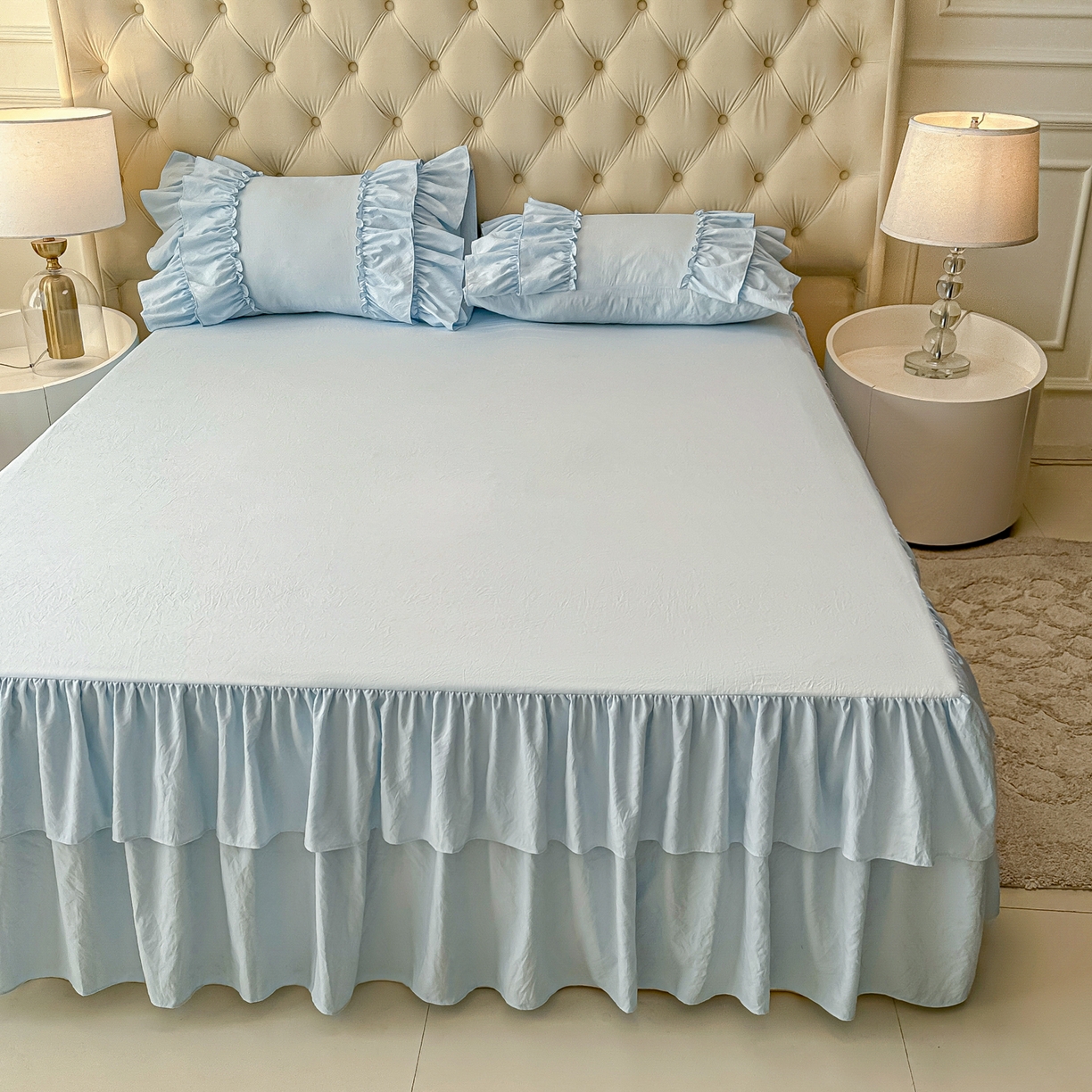 91家纺网 家纺一手货源 找家纺 乐卧家居 2026新款韩系公主风柔软多层荷叶边床裙单品系列 蓝